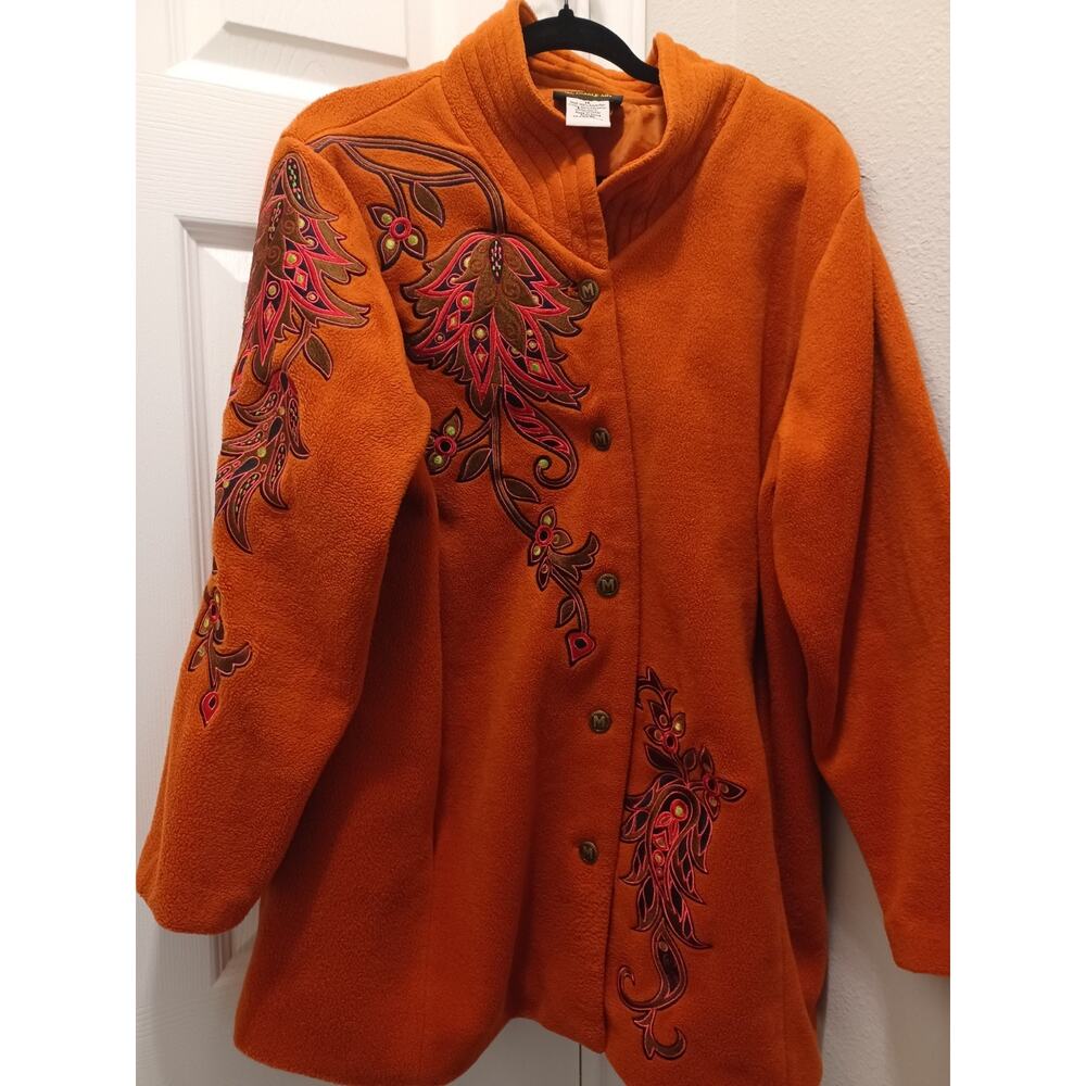 VINTAGE Bob Mackie Wearable Art Burnt Orange Fleece Jacket FloraL 1X